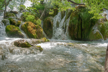 Canvas Print - Water flowing and splashing in all round through and over greenery into pond Croatia