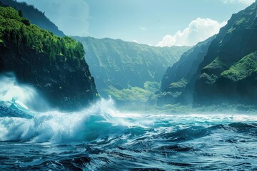 Wall Mural - A photo of the sea in Hawaii with huge waves crashing against big green mountain cliffs with a beautiful view of sky covered with white clouds in the morning at a beach