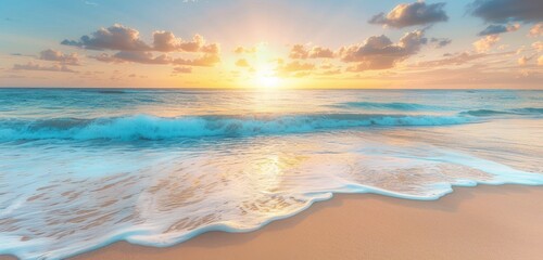 Poster - A serene beach scene at sunset with soft waves with white foam lapping against the shore and a golden sun setting over calm oceanic waters