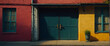 A vibrant urban scene featuring a colorful building with a teal garage door closed The play of shadows adds depth