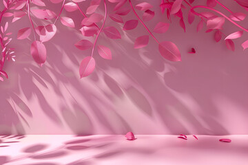 Wall Mural - 3D studio background in pink color with pink branches and leaves for product presentation. Empty background with shadows of branches and leaves. 3d room with copy space