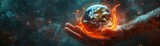 Fototapeta  - A striking 3D image of a human hand holding the Earth, with fires raging over forests and ice melting rapidly, showcasing the devastating effects of climate change