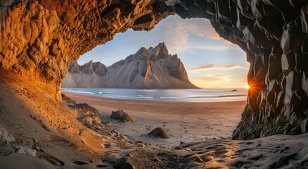 Wall Mural - beautiful shot from inside an old brown cave viewing ocean and its waves coming to the beach on rocks and mountains during sunshine in the morning with the view of clouds and the sky