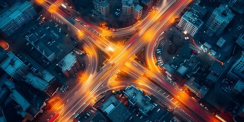 Poster - Aerial view of a busy expressway intersection at night in a city showcasing modern transportation infrastructure. Concept Night Cityscape, Urban Transportation, Aerial View, City Intersections