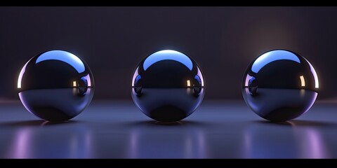 Wall Mural - three black cute small spheres and balls isolated on a dark blue background with neon lights