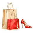 Shopping packages and woman shoes isolated vector illustration