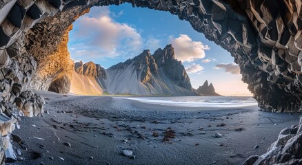 Wall Mural - beautiful shot from inside an old brown cave viewing ocean and its waves coming to the beach on rocks and mountains during sunshine in the morning with the view of clouds and the sky
