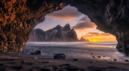 beautiful shot from inside an old brown cave viewing ocean and its waves coming to the beach on rocks and mountains during sunshine in the morning with the view of clouds and the sky