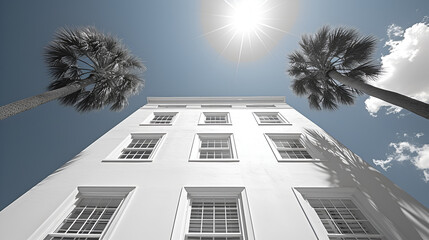 Wall Mural - Low angle shot of white building with palm trees - inspired by the design and architecture of Charleston South Carolina 