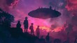 A band of travelers their silhouettes outlined by the colorful cosmos gathers around a mysterious floating object. Their backs are . .