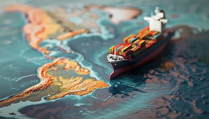 Poster - Model of container ship on global map symbolizes transcontinental transport and globalization, conveying vast connectivity