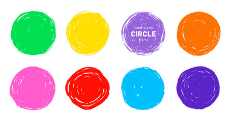 Aufkleber - Scribble circle round vector frame. Hand drawn rough scribble effect line. Children color crayon brush stroke frame. Scribble hand drawn grunge doodle color circle set. Vector illustration