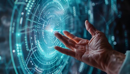 Poster - Dynamic Visualization: Hand Interacting with Spinning Data Flow, Background Illustrating Data Processing