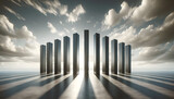 Fototapeta  - Symmetrical pillars cast long shadows across a reflective surface under a cloudy sky.