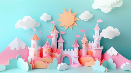 This image features a vibrant and playful 3D paper-cut style invitation,showcasing a magical fairy tale theme The design includes towering castles,fluffy clouds,and a radiant sun,creating a dreamlike