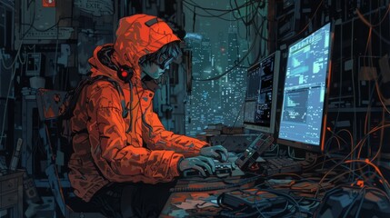 Illustrate a hacker in a post-apocalyptic