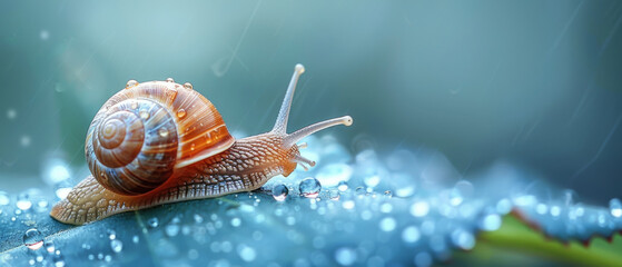 a snail slowly climbing a dewy leaf, persistence and detail