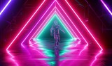 Fototapeta Przestrzenne - looping 3d animation, crystal man dancing inside the triangular neon tunnel. Musical performance on the stage with laser show, Generative AI 