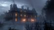 Amidst the foggy moors a grand mansion stands tall its windows aglow with flickering candles and hidden mysteries. . .