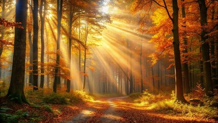 Wall Mural - Sun beams in an autumn morning forest