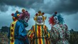 Against a dark sky a trio of clowns stand with backs to the camera exaggerated poses and bright costumes creating an unsettling . .