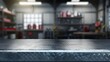 © JW Studio - Blank rough metal workshop and desk table surface on blurred garage background with copy space, Empty space for your products and crafty idea in man cave studio.