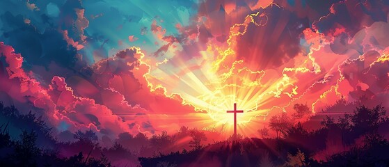 Wall Mural - A vinyl banner for an Easter pageant with the cross and rays of light
