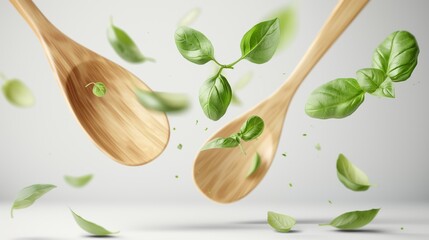 Wooden spoons and basil leaves floating in the air on a studio background.