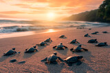 Fototapeta  - baby turtles on the sandy beach and crawl to the ocean. Generative AI