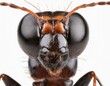 Close-up of the face of an ant against a plain background