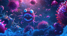 A Group Of Cute Cartoon Bacteria, Some Purple And Pink With Yellow Eyes, Others Blue Or Green With Glowing Light Dots On Their Faces, All Laughing Together