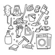 home cleaning hygiene household work detailed doodle outline line color set illustration