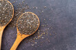 Chia seeds (Salvia hispanica) Salba chia edible seeds in wooden spoon.