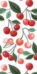 Wall Mural - Digital Cute Juicy Red Cherry Pattern in White Background l Watercolour berry pastel seamless wallpaper l Fruit illustration art background