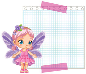 Poster - Cute fairy girl with wings sitting on grid paper