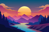 Fototapeta Zachód słońca - sunrise- cloud glossy style colourful mountains vector illustration