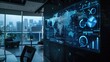 Media panel with infographs in dark office. Mixed media,Innovative technology background,Futuristic office interior with holograms. Open space interior with technology workplace. 