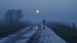 A person walking along a misty road chasing the everchanging reflection of the moon on the wet ground. . .