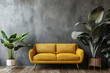 mustard sofa in modern minimalist living room with wall with copy space text mock up