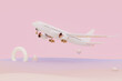 white plane flying in the sky with geometric abstract . Plane take off and pastel background. Airline concept travel plane passengers. Advertisement idea. 3D Creative composition.