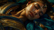 The princess laying on blue cloth, styled with photorealistic detail, interlacing artifacts, and sculptural reliefs in dark green and bronze hues.