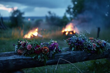 Midsummer night celebration. Wooden log with flower crown and fire in lush green rural landscape.. Generative AI