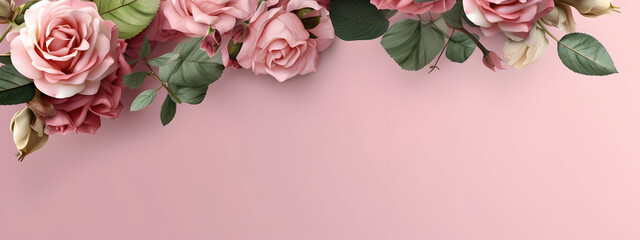 Wall Mural - Banner with frame made of rose flowers and green leaves on a pink background. Springtime composition with copyspace