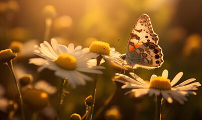 Wall Mural - Beautiful butterfly on a daisy flower in nature