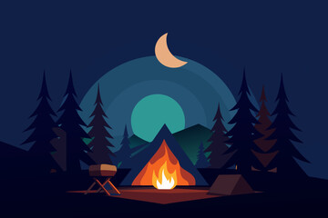 Sticker - a camp and bonefire in forest with dark night