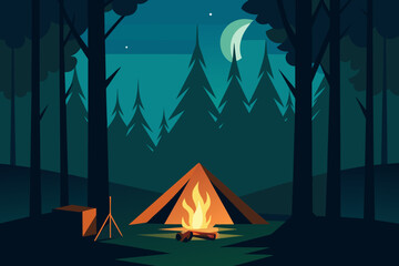 Sticker - a camp and bonefire in forest with dark night