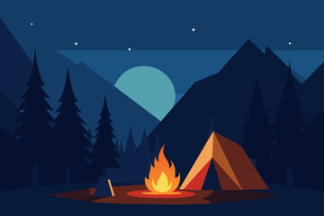 Sticker - a camp and bonefire in forest with dark night