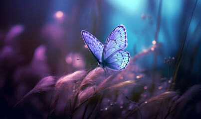 Wall Mural - Blue butterfly on tall fluffy violet grass