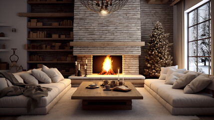 Wall Mural - interior with fireplace 3d render