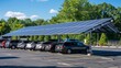 In the parking lot covered solar panel awnings provide shade for cars while also supplying energy for the schools electric vehicles. . .
